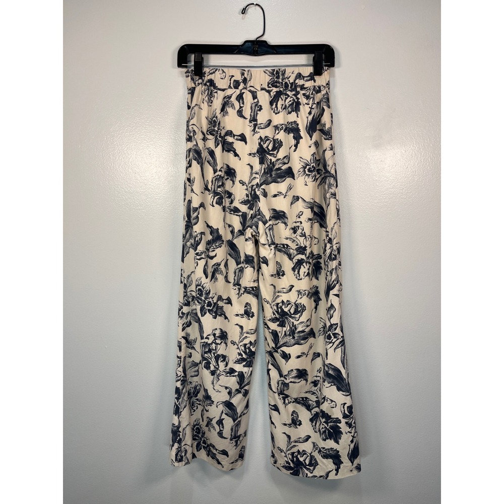 Frank And Oak Floral Wide Leg Pants Cream Navy Size 4 - Picture 3 of 8
